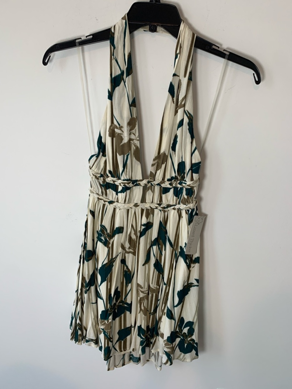 Magnolia Cream Halter Dress with Green and Tan Floral Print M NWT
